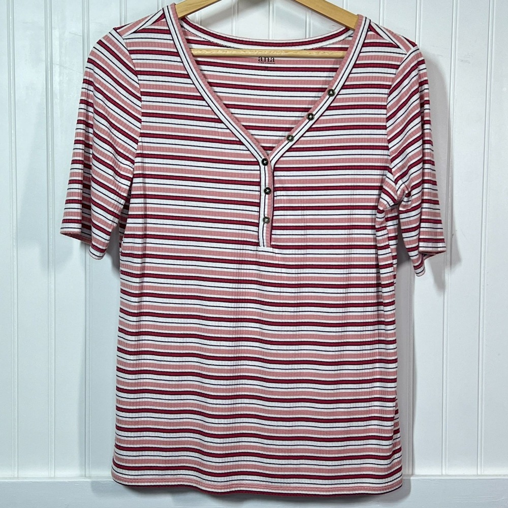 A.N.A. Women's Top Coquette Barbiecore Pink Red Striped Ribbed V-Neck Henley